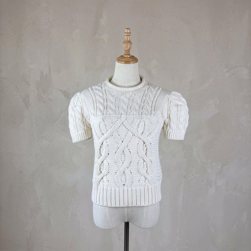 Ralph Lauren Blue Label c. 2000s Cotton Cable-Knit Puff Sleeve Sweater White | L